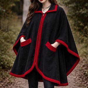 Vintage Le Moda Black & Red Knit Trim Cape With Pockets & Zip Closure